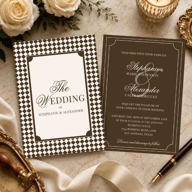 Convites Casamento Vintage Mocha Marrom Xadrez Old Money (Criador carregado)