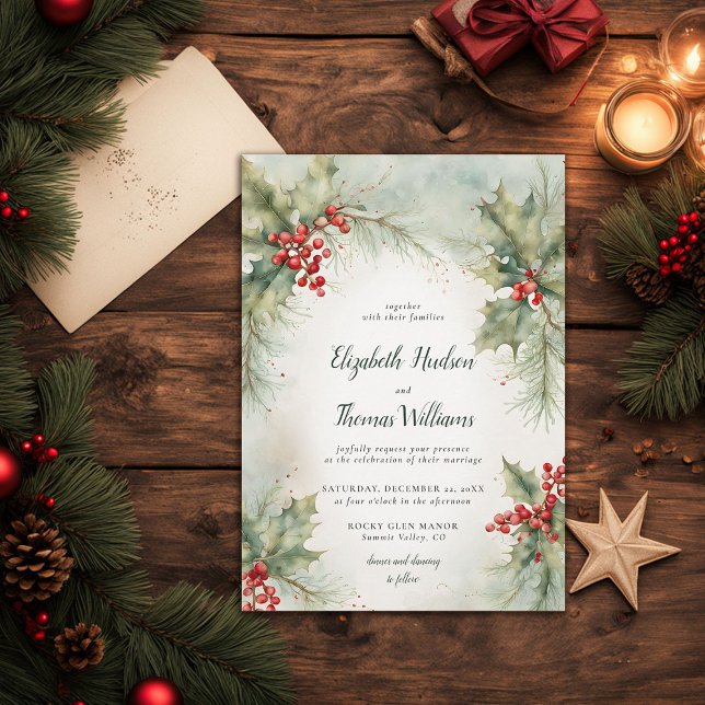 Convites Casamento vintage Moderno de Natal da Greenerescên (winter wedding invitation christmas berries elegant rustic modern vintage watercolor calligraphy)