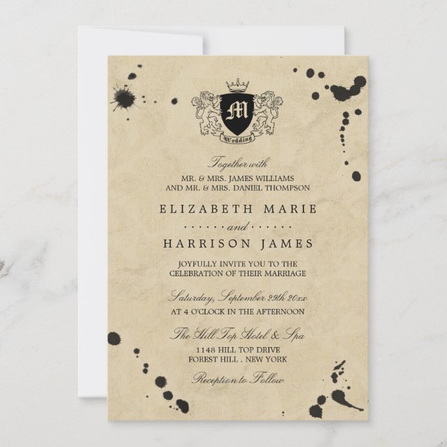 Convites Casamento Vintage Monogramas & Tinta Mancha (Frente)