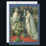 Convites Casamento vintage, noiva e noiva com Menorah<br><div class="desc">Ilustração Vintage,  amor e cerimônia de casamento romântica,  com uma imagem de um casal se casando em uma bela sinagoga com vitrines coloridas,  flores e uma menorah de sete galhos. A noiva está vestindo um longo vestido branco e o noivo é bonito em seu smoking.</div>