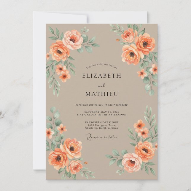 Convites Casamento Vintage Outonal com Tons de Pêssego (Frente)