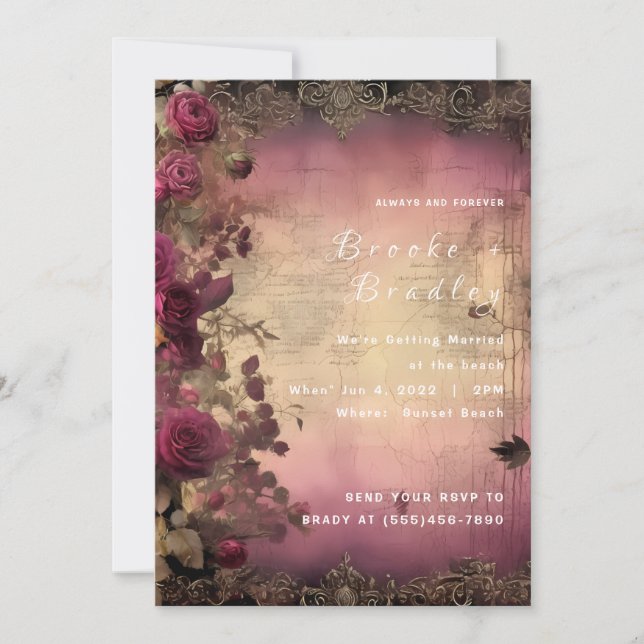Convites Casamento Vintage Parchment & Rose (Frente)