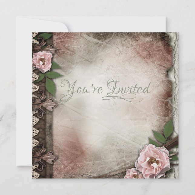 Convites Casamento Vintage Pink Roses (Frente)