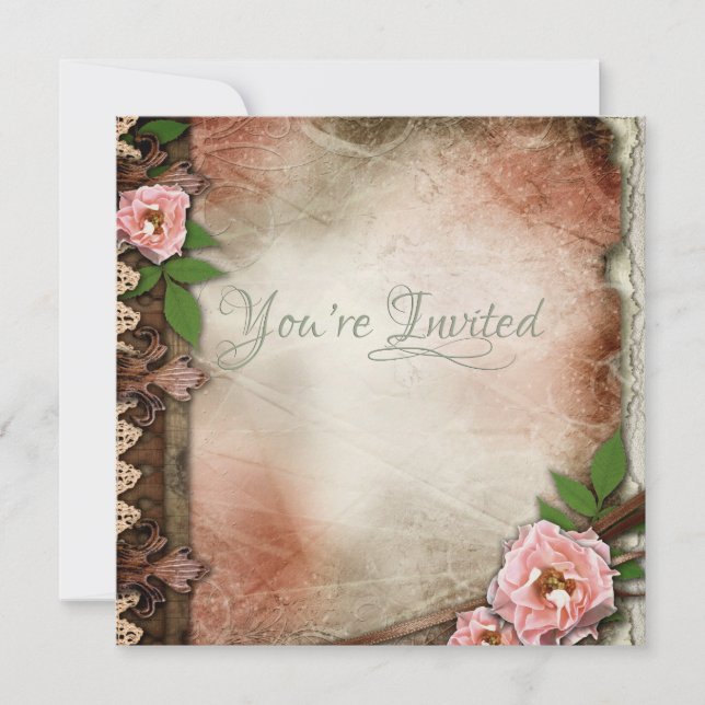 Convites Casamento Vintage Pink Roses (Frente)