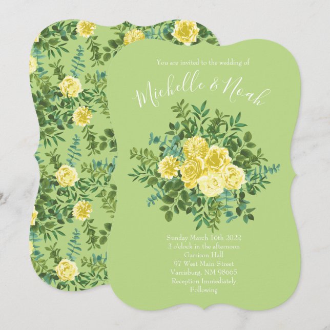 Convites Casamento vintage Primavera amarelo e verde (Frente/Verso)