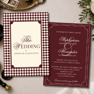Convites Casamento Vintage Retro Burgundy Xadrez Dinheiro A