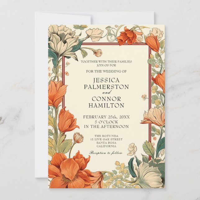 Convites Casamento vintage retro floral (Frente)