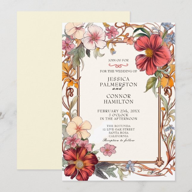 Convites Casamento vintage retro floral (Frente/Verso)