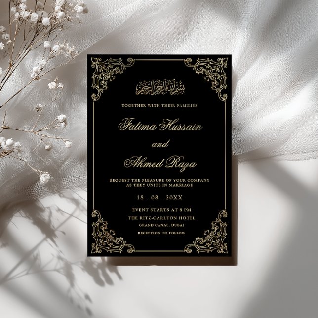 Convites Casamento Vintage Romântico Caligrafia Preta Muçul (Criador carregado)