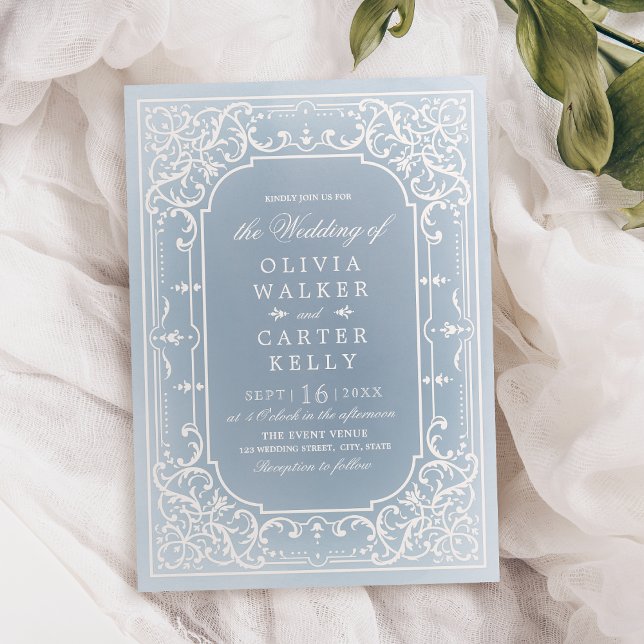 Convites Casamento vintage romântico ornamentado elegante e (Dusty blue elegant ornate romantic vintage wedding invitation)