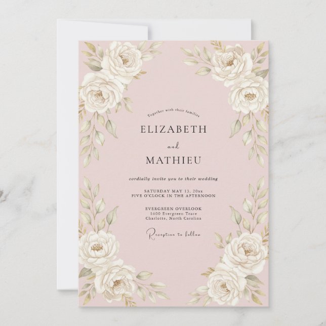 Convites Casamento Vintage Romântico Rosa Bege (Frente)