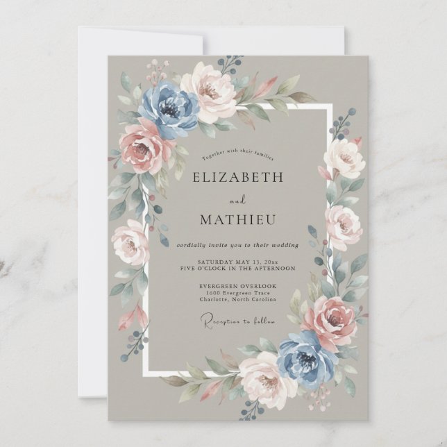 Convites Casamento Vintage Rosa Sereno Taupe (Frente)