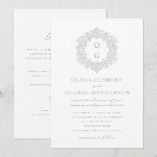 Convites Casamento Vintage Sage Green Brasão de Família