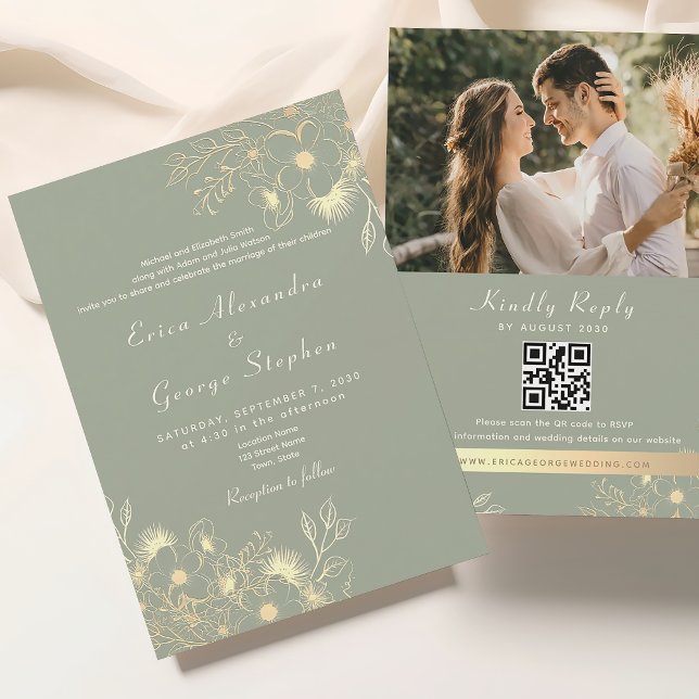 Convites Casamento Vintage Sage Verde Tudo em Um (Criador carregado)