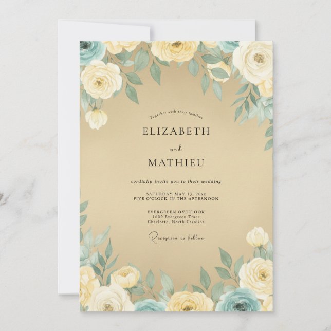 Convites Casamento Vintage Sereno com Champanhe (Frente)