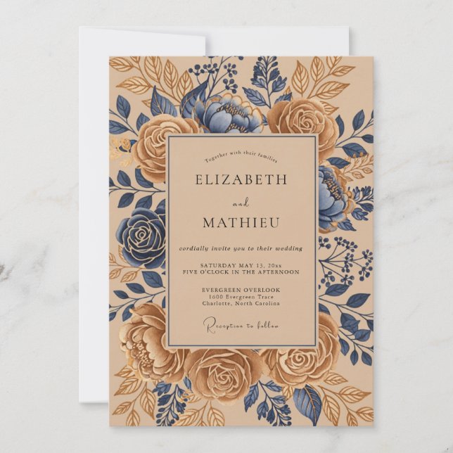 Convites Casamento Vintage Sublime Azul Marinho Bege (Frente)
