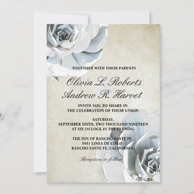 Convites Casamento vintage Suculente Azul de Cinza Silver E (Frente)