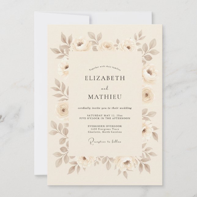Convites Casamento Vintage Sutil Bege (Frente)