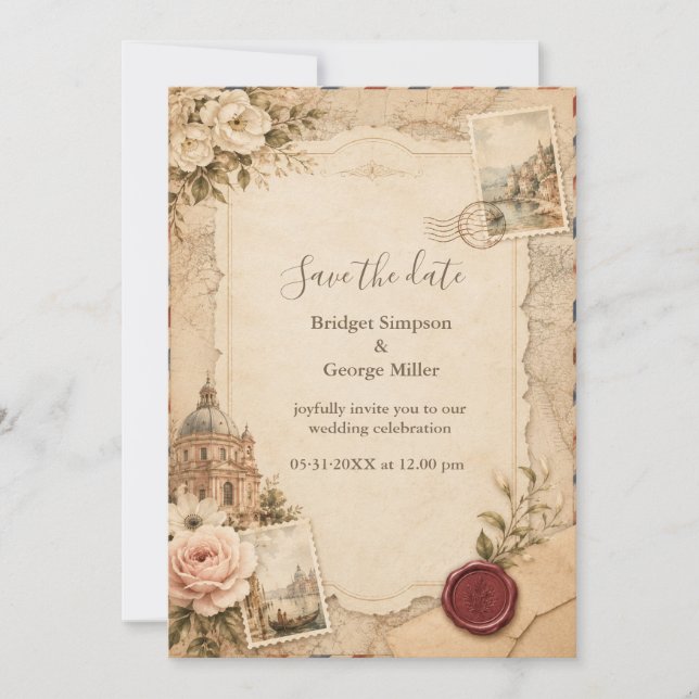 Convites Casamento Vintage Toscano com Mapas de Viagem (Frente)