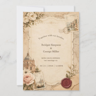 Convites Casamento Vintage Toscano com Mapas de Viagem