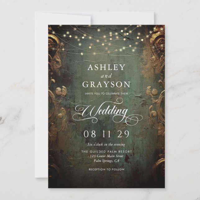 Convites Casamento Vintage Verde e Dourado (Frente)