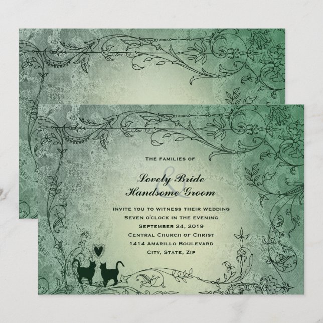 Convites Casamento vintage Verde Ornamentado Cat Lovers (Frente/Verso)