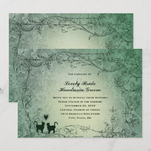 Convites Casamento vintage Verde Ornamentado Cat Lovers