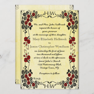 Convites Casamento Vintage Victorian Floral Red Monogram