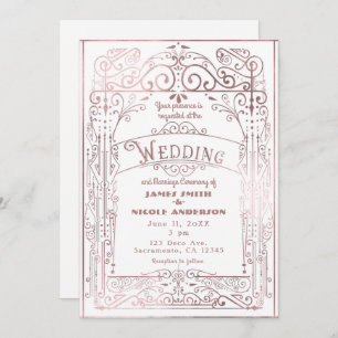 Convites Casamento Vintage Victoriano Deco, branco e Rosa