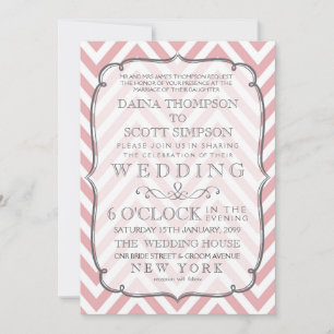 Convites Casamento Vintage White & Pink Chevron Stripes