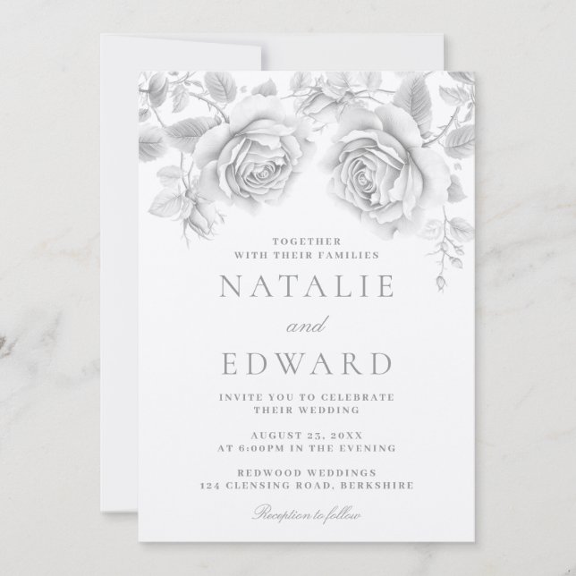 Convites Casamento Vintage White Roses (Frente)