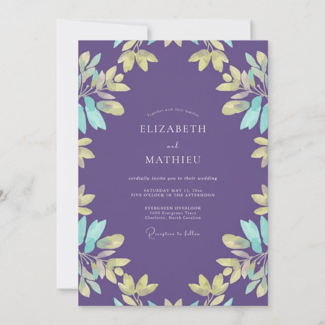 Convites Casamento Violet Aqua Folhagem (Frente)