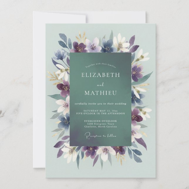 Convites Casamento Violet Leafy Seafoam (Frente)
