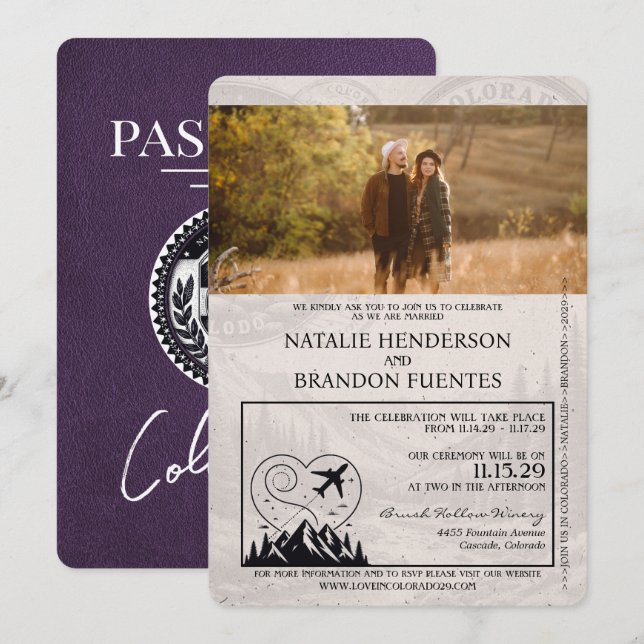 Convites Casamento Violet Purple Colorado Passport (Frente/Verso)