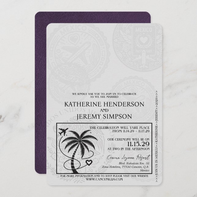 Convites Casamento Violet Purple de Passaporte de Cancún (Frente/Verso)