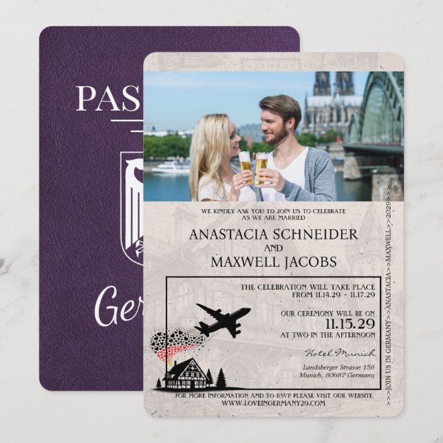 Convites Casamento Violet Purple Germany de Passaportes (Frente/Verso)