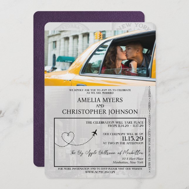 Convites Casamento Violet Purple Nova Iorque Passport (Frente/Verso)