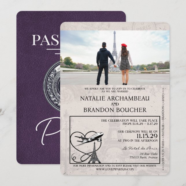 Convites Casamento Violet Purple Passaporte Paris (Frente/Verso)