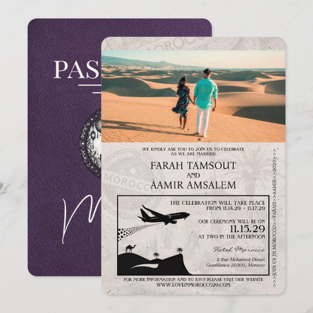 Convites Casamento Violet Purple Passport (Frente/Verso)