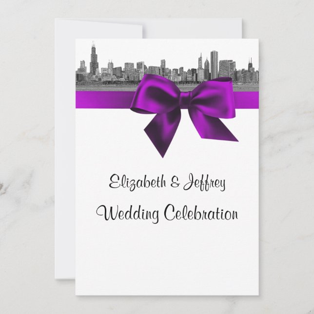 Convites Casamento Violeta BW - Skyline de Chicago (Frente)
