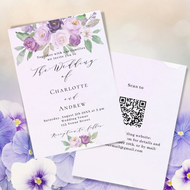 Convites Casamento violeta de flores roxas rosas QR RSVP (Criador carregado)
