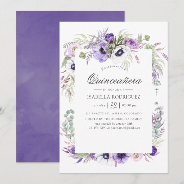 Convites Casamento Violeta Empoeirado Aquarela Quinceañera (Frente/Verso)