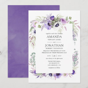 Convites Casamento Violeta Empoeirado Floral Aquarela