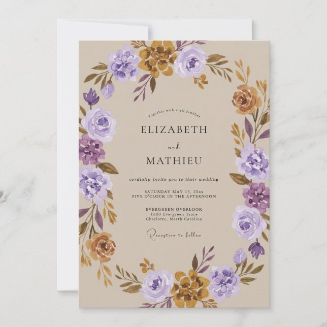 Convites Casamento Violeta Ocre Ranunculus Eucalipto (Frente)