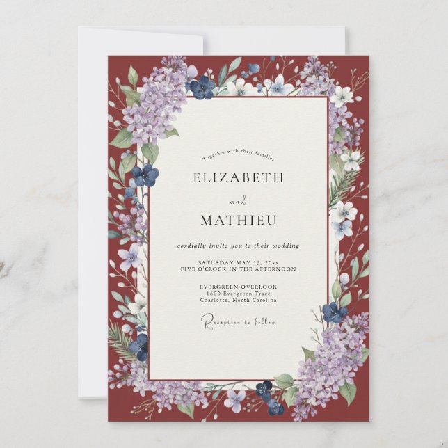 Convites Casamento Violeta Wisteria Marrom (Frente)