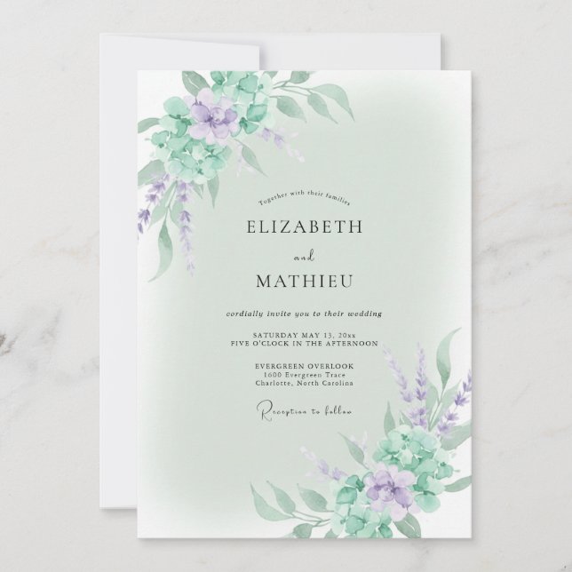 Convites Casamento Violeta Wisteria Mint (Frente)