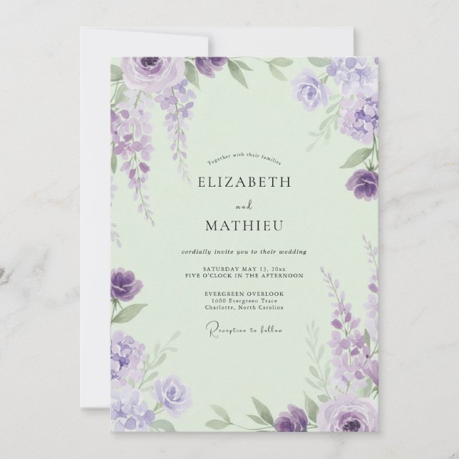 Convites Casamento Violeta Wisteria Mint (Frente)