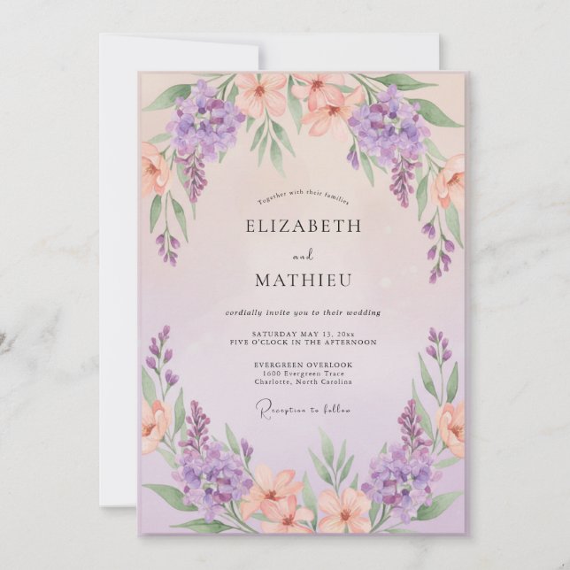 Convites Casamento Violeta Wisteria Pêssego (Frente)