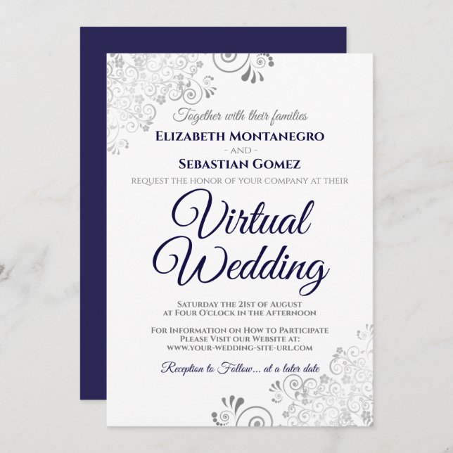 Convites Casamento Virtual Azul e Branco do Marinho Silver  (Frente/Verso)