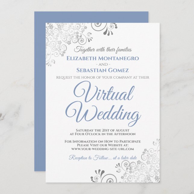 Convites Casamento Virtual Azul e Branco Elegante para Amig (Frente/Verso)